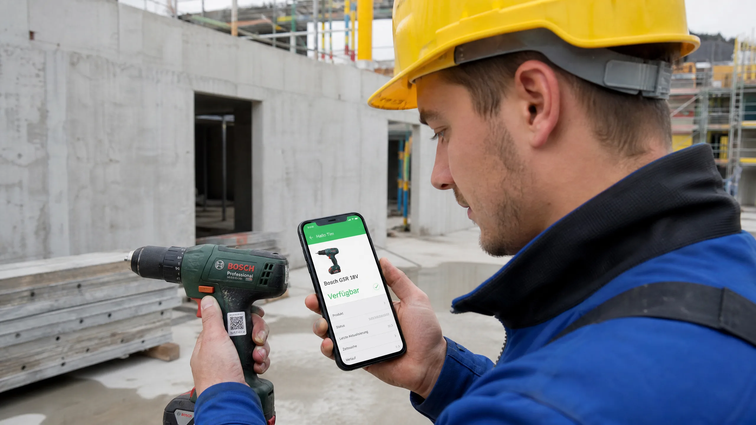 Bauarbeiter scannt QR-Code auf Bohrmaschine mit Smartphone